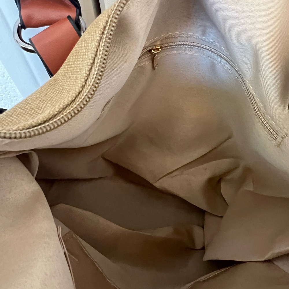 Paris Stamp Canvas Tote Bag with Brown Leather Trim. Travel with this bag. - Picture 3 of 4